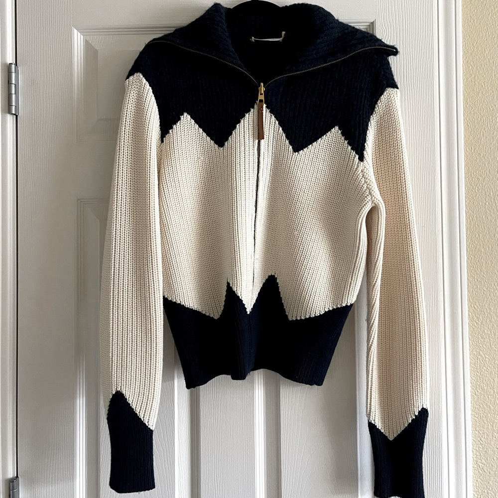Tory Burch Navy Cream White Turtleneck Front Zipper Chevron Sweater (size M)